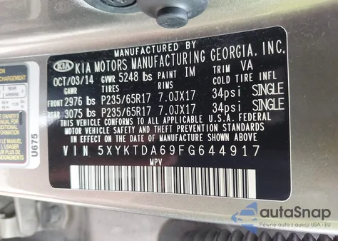 2015 Kia Sorento Lx from USA, damaged, VIN 5XYKTDA69FG644917